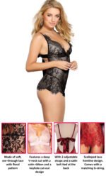 Black Satin Eyelash Lace Open Chest Long Sleeved Teddy Lingerie by My Secret Drawer® espressoblues.com 46