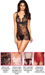 Black Satin Eyelash Lace Open Chest Long Sleeved Teddy Lingerie by My Secret Drawer® espressoblues.com 64