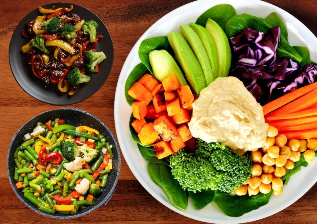 Colorful plates of healthy food