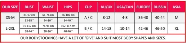 My Secret Drawer Bodystocking Size Chart