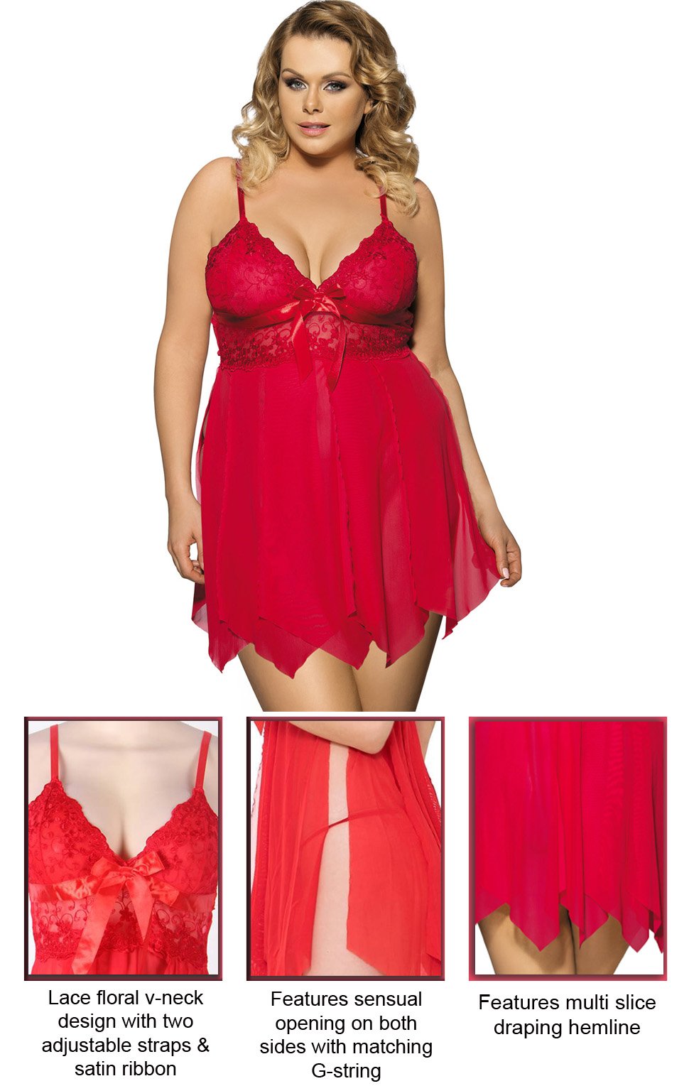 Red Sexy Draping Mesh and Lace Babydoll Set,Babydoll Set