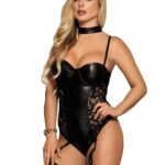 Faux Leather and Black Lace Garter Teddy With Choker Collar