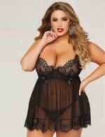 Floral Eyelash Trim Lace Babydoll Set