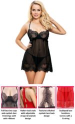 Floral Eyelash Trim Lace Babydoll Set