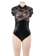 Floral Hi-Neck Lace and Faux Leather Teddy,Faux Leather Teddy