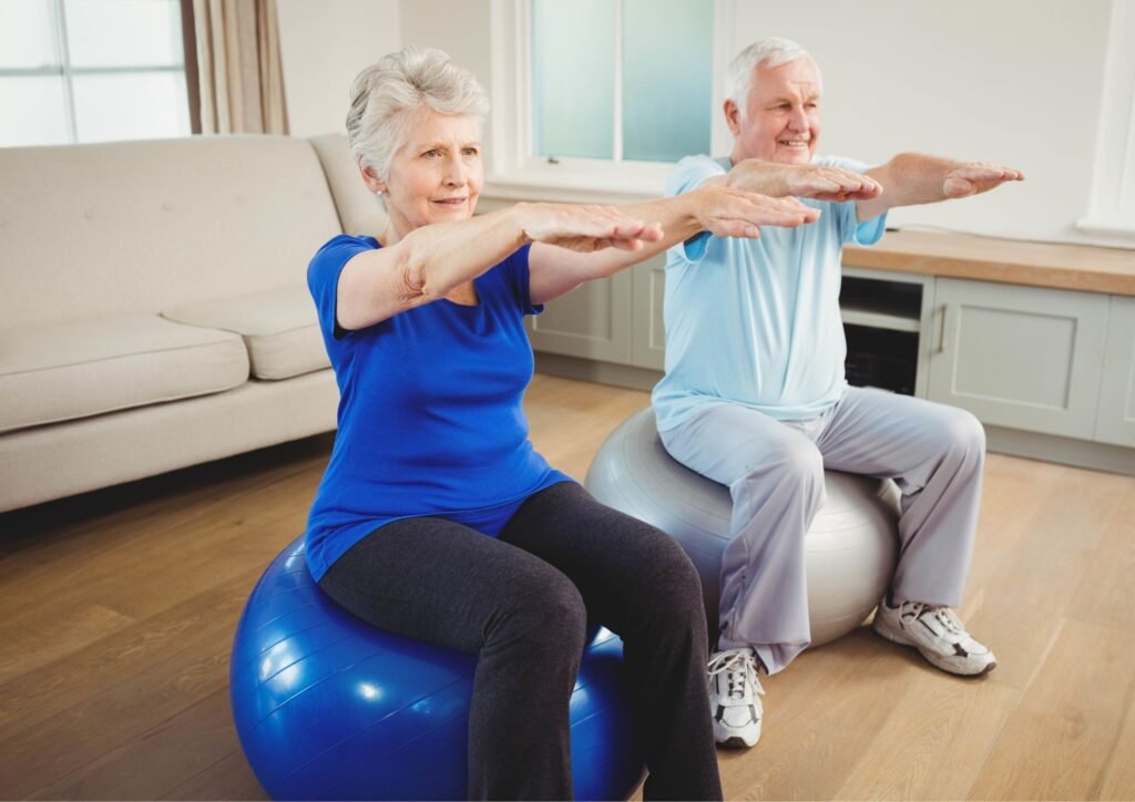Seniors exercising with a stability ball.