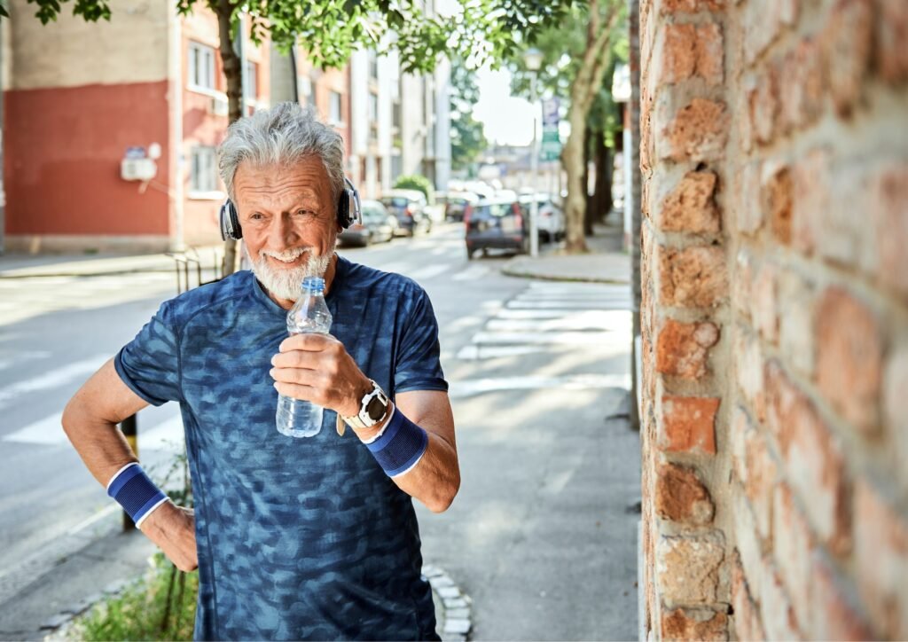 A content elderly individual resting after physical activity.