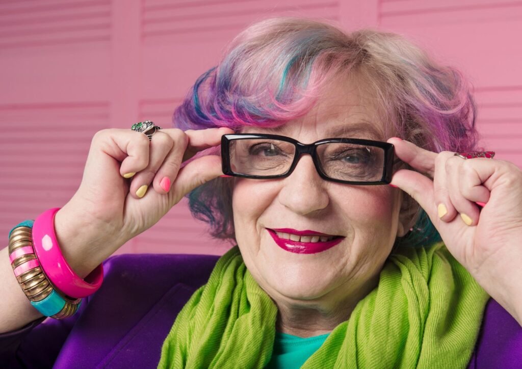 Stylish Senior Woman Wearing Prescription Glasses with Black Fra