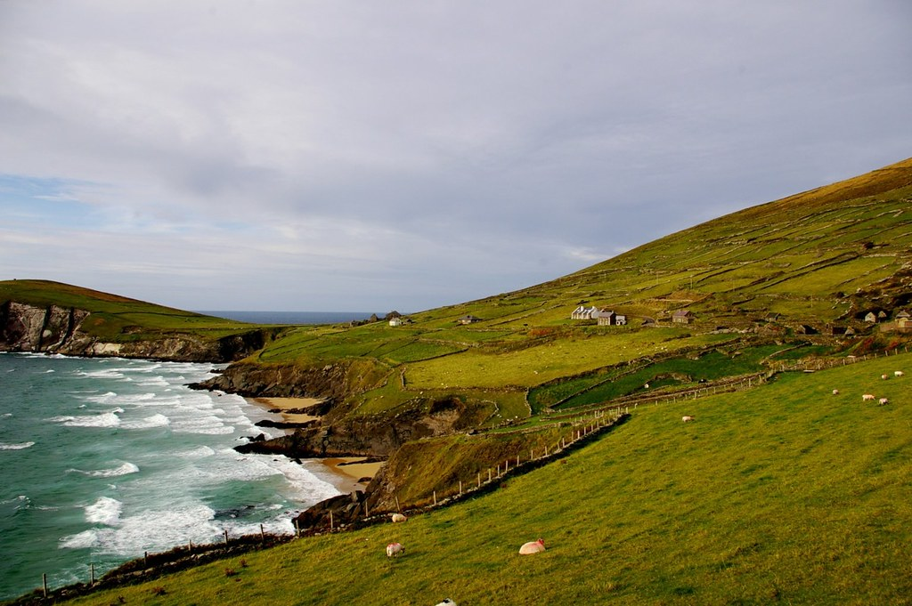 An aerial view of a coastline across the Dingle Peninsula.