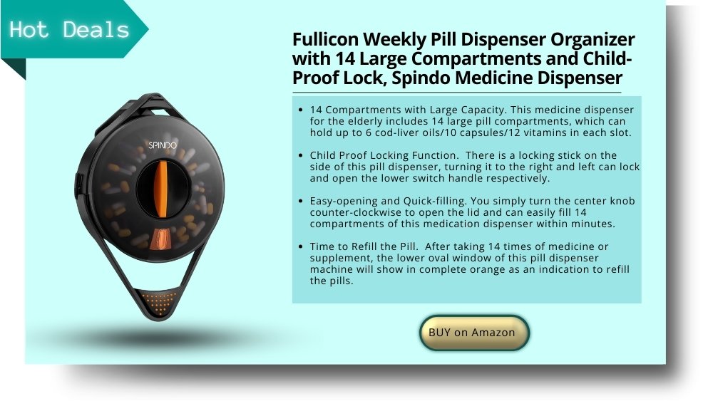 Fullicon Weekly Pill Dispenser Organizer with 14 Large Compartments and Child-Proof Lock, Spindo Medicine Dispenser