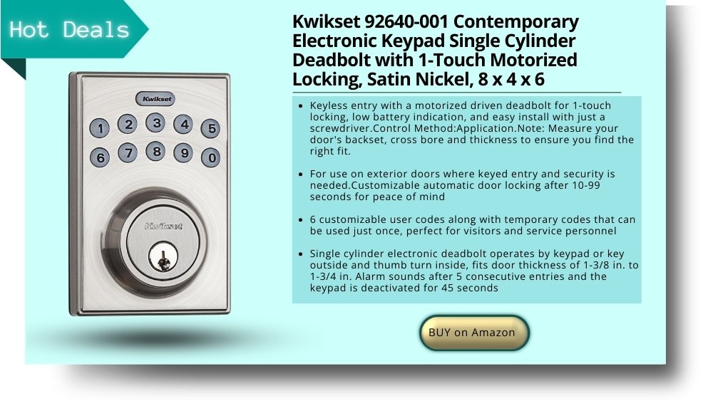 Single cylinder electronic deadbolt operates by keypad or key outside and thumb turn inside, fits door thickness of 1-3/8 in. to 1-3/4 in. Alarm sounds after 5 consecutive entries and the keypad is deactivated for 45 seconds
