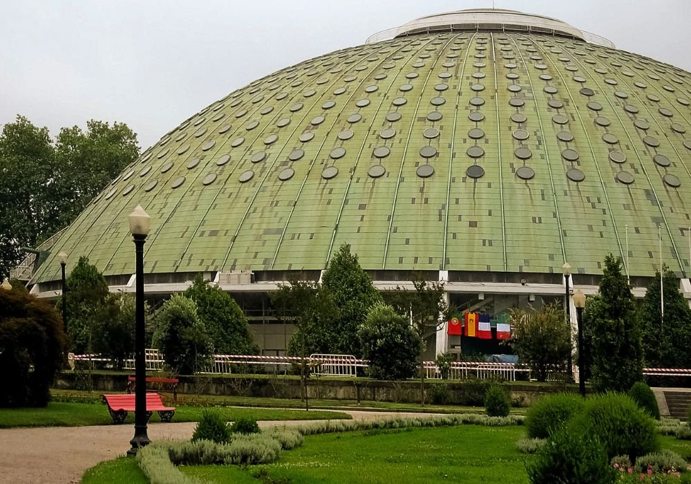 Crystal Palace Gardens large glass dome conservatory with geometric roof pattern surrounded by landscaped gardens
