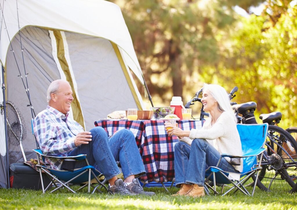 senior happily camping