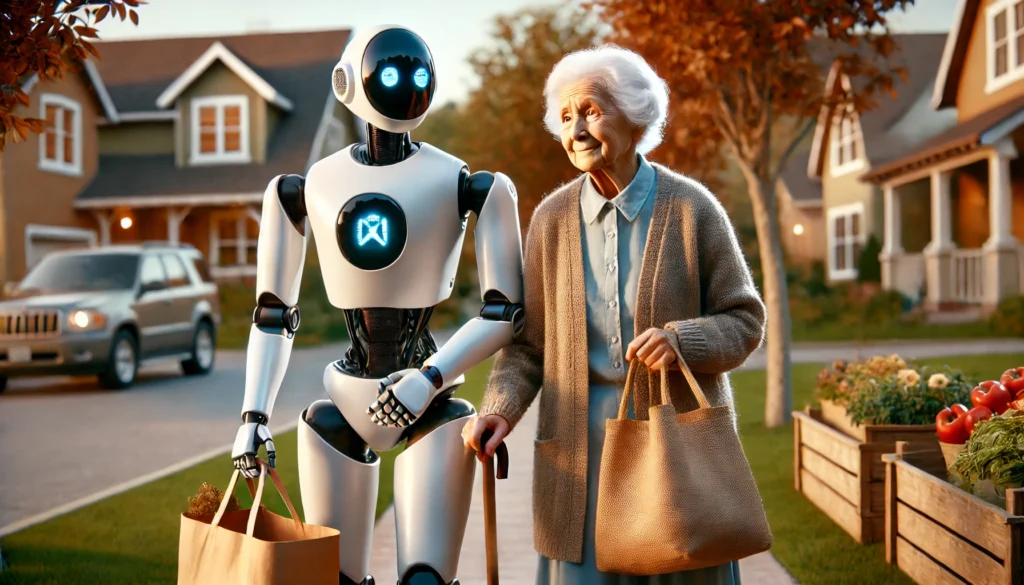 A robot accompanying a senior walking from market