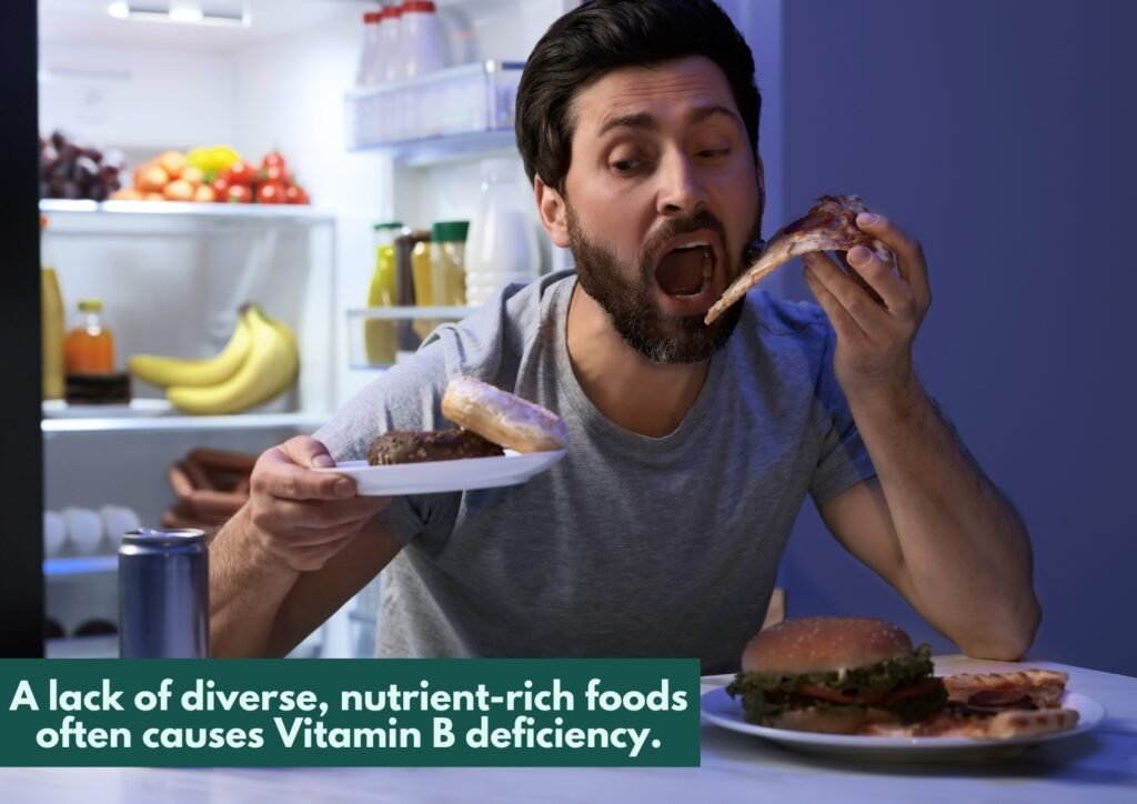 A lack of diverse, nutrient-rich foods often causes Vitamin B deficiency.