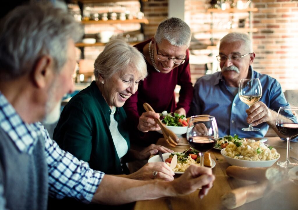 a group of seniors eating healthy