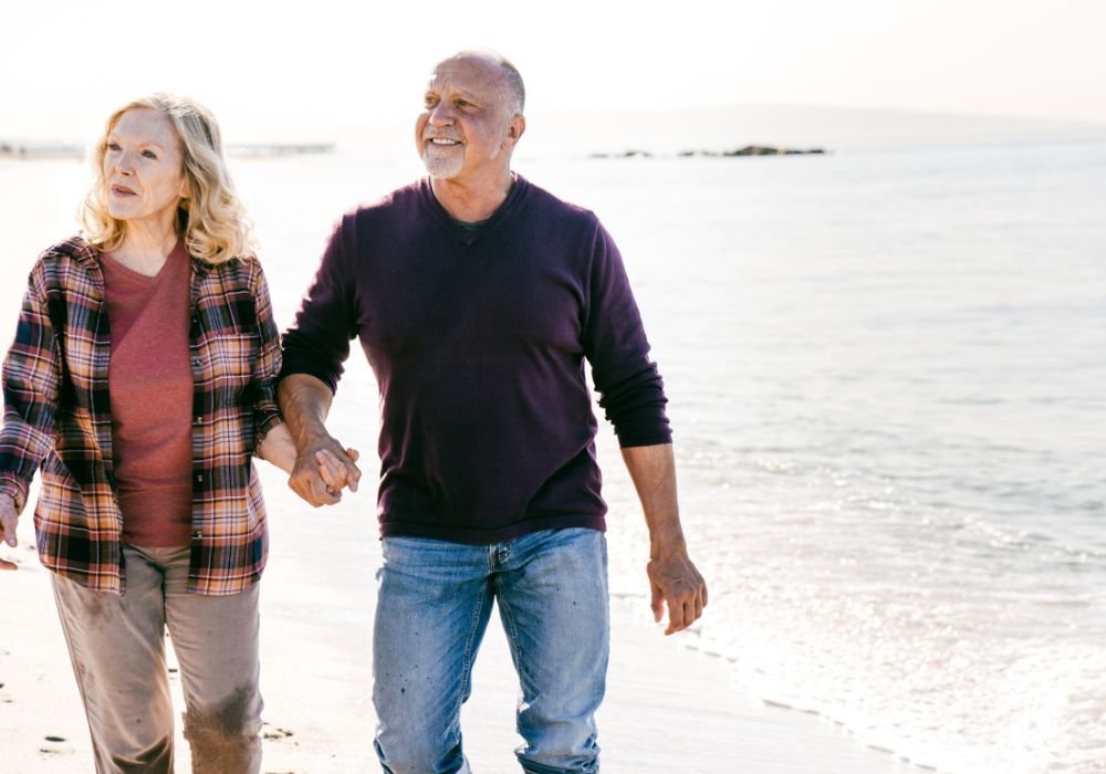 An image of retired couples walking on a beach. 
